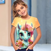 billiga Flickans 3D-tecknad film-Flickor 3D Grafisk Tecknat Enhörnings T-shirt Kortärmad 3D-tryck Sommar Vår Aktiv Mode söt stil Polyester Barn 3-12 år Utomhus Ledigt Dagligen Normal