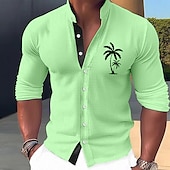 billiga Tropiska växter-Herr Färgblock Kokosnötsträd Löv Skjorta Hawaii skjorta Aloha skjorta Långärmad Skjorta Hög krage Mode Streetwear Designer Utomhus Gata Ledigt Vit Gul Ljusgrön S M L