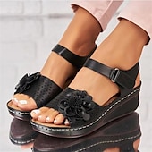preiswerte Komfortsandalen-Rote Damen-Keilsandalen mit floralen Verzierungen und verstellbarem Fesselriemen für Sommer- und Freizeit-Outfits
