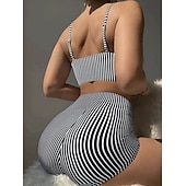 cheap Vintage Swimwear-2 pcs Swimwear Bikini Swimsuits Y2K Women&#039;s Striped Polyester Black Blue Bra Briefs