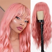 baratos Perucas de festa-Peruca Longa Ondulada Vermelha com Franja Peruca Sintética Longo Cabelo Vermelho para Mulheres Vermelho Vinho Cacheado Fantasia Peruca Borgonha para Uso em Festas Dia a Dia Perucas de Halloween
