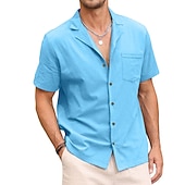 ieftine Business Casual-Bărbați cămașă de in Cămașă de vară Cămașă de plajă Camașă cu nasturi Simplu Vacanță Hawaiian Negru Alb Roz Îmbujorat Albastru piscină Manșon scurt Rever Primavara vara Îmbrăcăminte De Bază