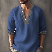 cheap Ethnic Pattern-Men&#039;s Ethnic Shirt Linen Shirt Long Sleeve Fashion Streetwear Designer Outdoor Daily Going out Spring &amp; Summer Stand Collar Print Yellow Light Green Pink Red Navy Blue