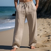 cheap Holiday-Men&#039;s Linen Pants Trousers Summer Pants Drawstring Elastic Waist Straight Leg Stripe Comfort Breathable Outdoor Daily Going out Fashion Casual Sky Blue Khaki