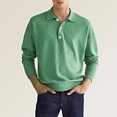お買い得  メンズ クラシックポロ-男性用 ゴルフシャツ ニットポロ ストリート カジュアル ポロカラー クラシック 長袖 ストリートファッション ベーシック 純色 平織り ボタンフロント 春 秋 レギュラー Темный хаки ホワイト ピンク ルビーレッド ネイビーブルー ミントグリーン ゴルフシャツ