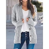 cheap Cardigans &amp; Outerwears-Women&#039;s Cardigan Sweater Casual Soft Solid Color Cable Chunky Open Front Buttons Pocket Long Sleeve Tunic Knit Daily Dark powder Black Fall Winter
