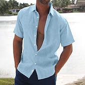 billiga Semester-Herr linneskjorta Sommarskjorta Standkläder Knapp upp skjorta Ensfärgat Semester Curise Svart Vit Rosa Blå Kortärmad Nedvikt Sommar Kläder Button-Down