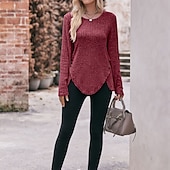 preiswerte Damen Einfache Oberteile-Damen T Shirt Burgunderrotes T-Shirt Glatt Basic Langarm Rundhalsausschnitt Normale Oberteile Täglich Wochenende Schwarz Wein Blau Grün Grau Herbst Winter
