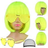 billige Karnevalsparykker-kort bob hår parykker rett med flat smell syntetisk fargerik cosplay daglig fest neon parykk for kvinner (kun parykker)