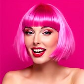 billige Karnevalsparykker-kort bob hår parykker rett med flat smell syntetisk fargerik cosplay daglig fest neon parykk for kvinner (kun parykker)