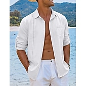 cheap Vacation-Men's Shirt Guayabera Shirt Linen Shirt Button Up Shirt Summer Shirt Beach Shirt Black White Navy Blue Long Sleeve Plain Turndown Spring &amp; Summer Casual Daily Clothing Apparel Patchwork