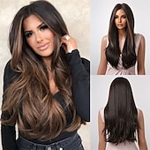 economico Parrucche trendy sintetiche-parrucche castane per donna parrucca sintetica a strati lunghi e lisci capelli naturali parte centrale