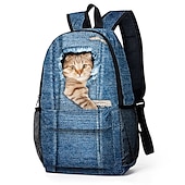 cheap Printed Backpacks-3D Cat Print Denim Backpack for Kids – Cute Animal School Bag with Large Capacity and Fun Design for Boys and Girls