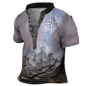 olcso Vintage&amp;amp;Retro-Férfi Grafika Hajó Henley ing Rövid ujjú 3D nyomtatás Divat Alkalmi Kényelmes Szabadtéri Napi Alkalmi Nyár Sötétbarna Arcpír rózsaszín Rubin Sötétkék Medence Henley Henley póló