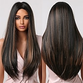 economico Parrucche trendy sintetiche-parrucche castane per donna parrucca sintetica a strati lunghi e lisci capelli naturali parte centrale