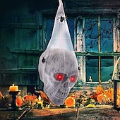 abordables Iluminación de Props de Halloween-Decoraciones de Halloween, calavera con ojos iluminados, esqueleto colgante dentro de una telaraña para decoración de casas embrujadas de Halloween para interiores y exteriores