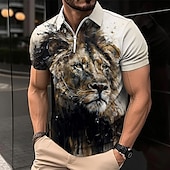 cheap Men&#039;s Animal Print Polo-Men&#039;s Lion Zip Polo Shirts Golf Shirt Short Sleeve Polo Shirts Collared Shirts Casual Funny Streetwear Vacation Wear Party Outfits 3D Print Quarter Zip Polo Black White Yellow