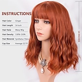 baratos Perucas de Carnaval-Perucas Laranja Vermelha para Mulheres Curta Ondulada Bob com Franja Peruca Cacheada Ruiva Comprimento até o Ombro Cabelo Vermelho Cobre 14 Polegadas Peruca Sintética Colorida para Cosplay Uso Diário