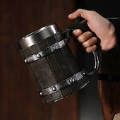 cheap Barware-Beer Mugs, Nordic Viking Rune Beer Glasses Large Oak Beer Mug Coffee Mug with Stainless Steel Wood Resin 3D, Mugs for Men, Father&#039;s Day Gift