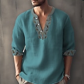 cheap Ethnic Pattern-Men&#039;s Ethnic Shirt Linen Shirt Long Sleeve Fashion Streetwear Designer Outdoor Daily Going out Spring &amp; Summer Stand Collar Print Yellow Light Green Pink Red Navy Blue