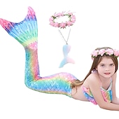 cheap Mermaid Swimsuit-Kids Girls&#039; Five Piece Mermaid Swimwear Swimwear Bikini Swimming Rainbow Cute Sexy Print Bathing Suits 3-10 Years Summer Light Blue Rose Gold