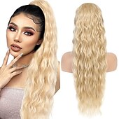 cheap Ponytails-Long Auburn Red Drawstring Ponytail Extension for Women 24 Inch Synthetic Long Curly Wavy Clip in Ponytail Hair Extensions for Daily Party Use