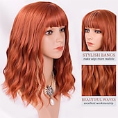 baratos Perucas de Carnaval-Perucas Laranja Vermelha para Mulheres Curta Ondulada Bob com Franja Peruca Cacheada Ruiva Comprimento até o Ombro Cabelo Vermelho Cobre 14 Polegadas Peruca Sintética Colorida para Cosplay Uso Diário
