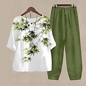cheap Two Piece Sets-Women&#039;s 2 Pieces Basic Shirt Pants Sets Pants Trousers Half Sleeve Round Neck Floral Print Linen Like Holiday Weekend Army Green Blue Purple Fall &amp; Winter Regular Fit