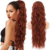cheap Ponytails-Long Auburn Red Drawstring Ponytail Extension for Women 24 Inch Synthetic Long Curly Wavy Clip in Ponytail Hair Extensions for Daily Party Use