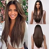 economico Parrucche trendy sintetiche-parrucche castane per donna parrucca sintetica a strati lunghi e lisci capelli naturali parte centrale