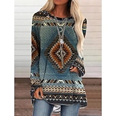 cheap Tunic Tops-Women's Plus Size T Shirt Tunic Shirts Geometric Plaid Vintage Tunic Ethnic Long Sleeve Round Neck Long Tops Casual Print Marron Yellow Light Green Wine Red Fall &amp; Winter Prefall