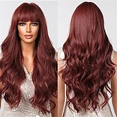 economico Parrucche trendy sintetiche-parrucche rosse per donna cosplay lunga parrucca di capelli sintetici ondulati naturali con frangia