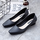 abordables Sandalias planas de mujer-Zapatos negros de tacón bajo para mujer: zapatos clásicos sin cordones con punta redonda para la oficina, el trabajo y ocasiones formales.