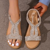 baratos Sandálias de Férias-sandálias rasteiras femininas com strass dourados e tira elástica – sapatos de verão elegantes e confortáveis para uso casual e de festa