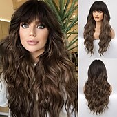 baratos Perucas Sintéticas sem Touca-peruca ombre ruiva com franja peruca longa encaracolada com franja peruca laranja aparência natural peruca sintética resistente ao calor adequada para mulheres da moda