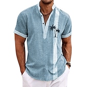 preiswerte Klassiker-Herren Hemd leinenhemd Strandhemd Kokosnussbaum Outdoor Urlaub Hellgrün Marineblau Blau Braun Kurzarm Ständer Sommer Frühling Bekleidung Bedruckt