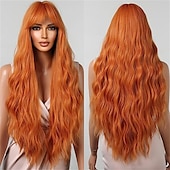 economico Parrucche trendy sintetiche-parrucche rosse per donna cosplay lunga parrucca di capelli sintetici ondulati naturali con frangia