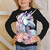 billiga Flickans 3D-tecknad film-Flickor 3D Grafisk Tecknat Enhörnings T-shirt Långärmad 3D-tryck Sommar Vår Höst Aktiv Mode söt stil Barn 3-12 år Utomhus Ledigt Dagligen Normal