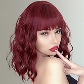 baratos Perucas de festa-Peruca Rosa com Franja de Ar 12 Polegadas Curta Cacheada Ondulada Resistente ao Calor Peruca Bob Feminina Cosplay Festa Comprimento do Ombro para Meninas Uso Diário Peruca Cacheada Com Cores Naturais