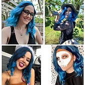 cheap Party Wigs-Blue Wig Short Curly Mix Blue Bob Wig for Women Girls Beach Wave Cosplay Costume Party Halloween Wigs