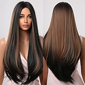 economico Parrucche trendy sintetiche-parrucche castane per donna parrucca sintetica a strati lunghi e lisci capelli naturali parte centrale
