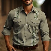 お買い得  メンズウエスタンシャツ-男性用 トライバル グラフィック ビンテージ シャツ ウエスタンシャツ カウボーイシャツ 長袖 ファッション デザイナー カジュアル アウトドア 日常 秋冬 折襟 プリント ライトグリーン ダスティローズ ブルー グリーン