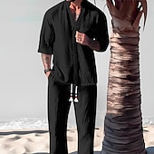 abordables Conjuntos de camisas básicas para hombre-Hombre 2 Piezas Conjunto de camisa conjunto de verano Conjuntos a juego Camisa casual Negro Blanco Gris Azul claro Manga Corta Plano Cuello Mao Vacaciones Diario Bolsillo delantero Ropa Algodón