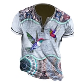 cheap Animal-Hummingbird And Mandala Mens Graphic Shirt Henley Animal Clothing Apparel 3D Print Outdoor Daily Short Sleeve Button Down Designer Ethnic Comfortable Hummingbirds Casual White Cotton Button-