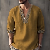 cheap Ethnic Pattern-Men&#039;s Ethnic Shirt Linen Shirt Long Sleeve Fashion Streetwear Designer Outdoor Daily Going out Spring &amp; Summer Stand Collar Print Yellow Light Green Pink Red Navy Blue