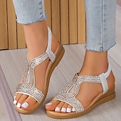 baratos Sandálias de Férias-sandálias rasteiras femininas com strass dourados e tira elástica – sapatos de verão elegantes e confortáveis para uso casual e de festa