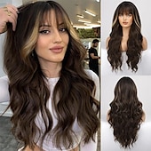 baratos Perucas Sintéticas sem Touca-peruca ombre ruiva com franja peruca longa encaracolada com franja peruca laranja aparência natural peruca sintética resistente ao calor adequada para mulheres da moda