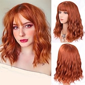baratos Perucas de Carnaval-Perucas Laranja Vermelha para Mulheres Curta Ondulada Bob com Franja Peruca Cacheada Ruiva Comprimento até o Ombro Cabelo Vermelho Cobre 14 Polegadas Peruca Sintética Colorida para Cosplay Uso Diário