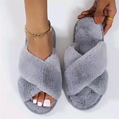 billiga Inneskor och flip-flops till damer-Mysig rosa fuskpäls damtofflor - mjuk och mjuk korsbandsstil, perfekt för avkoppling hemma och vardagskläder inomhus