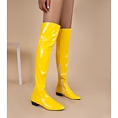 tanie Buty modowe-damskie czarne lakierowane buty gogo za kolano z niskim obcasem i bocznym zamkiem błyskawicznym – eleganckie i stylowe obuwie na imprezy, wydarzenia modowe i wieczorne wyjścia